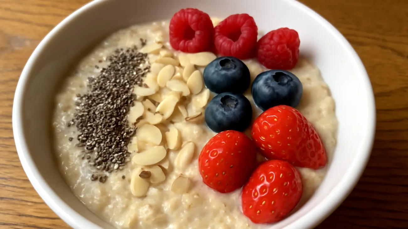 Porridge di avena con semi di chia, mandorle e frutti di bosco"